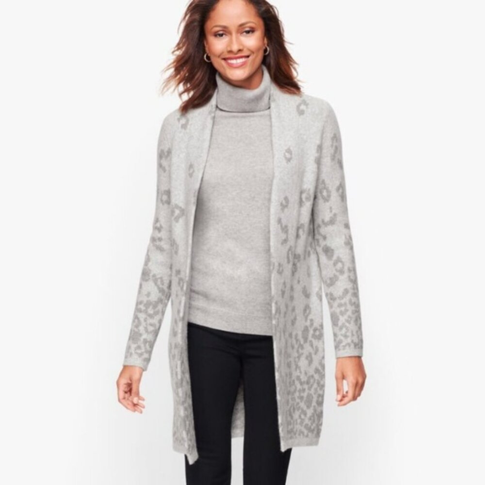 Talbots Long Cardigan Sweater L Ombre Leopard Print Open Front Gray Animal NEW